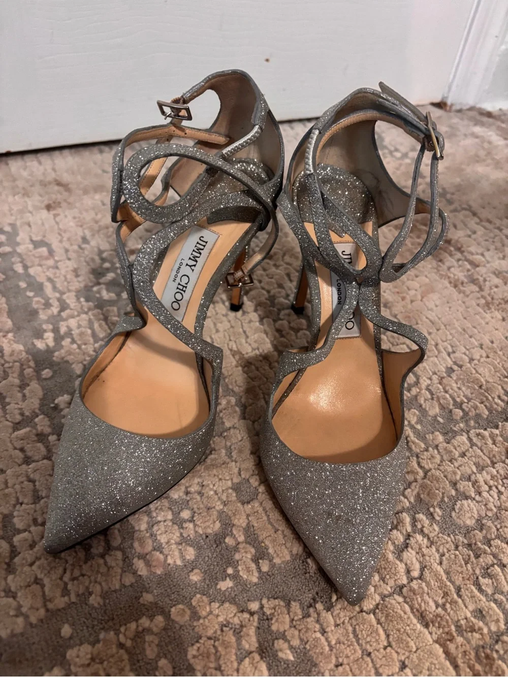 Jimmy Choo Silver Glitter Pointed-Toe Ankle-Strap Heels size 37